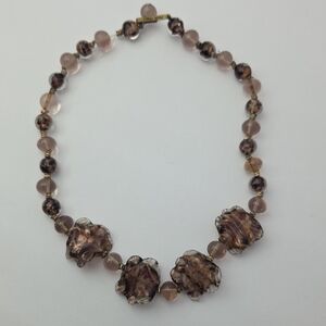 Murano glass beaded necklace fe brown, amber, and gold foil glass beads 6" Drop